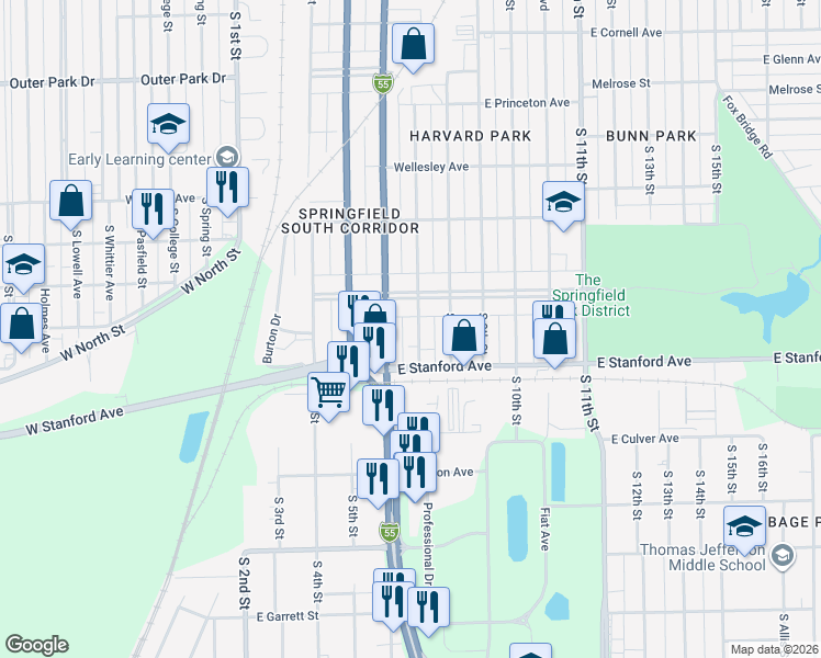 map of restaurants, bars, coffee shops, grocery stores, and more near 2621 South 7th Street in Springfield