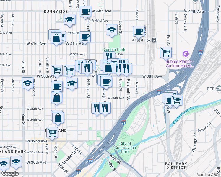 map of restaurants, bars, coffee shops, grocery stores, and more near 1400 West 37th Avenue in Denver