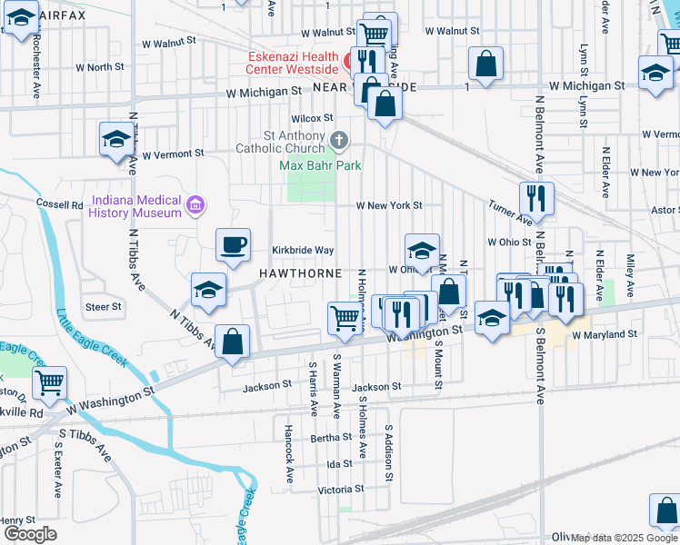 map of restaurants, bars, coffee shops, grocery stores, and more near 95 North Warman Avenue in Indianapolis