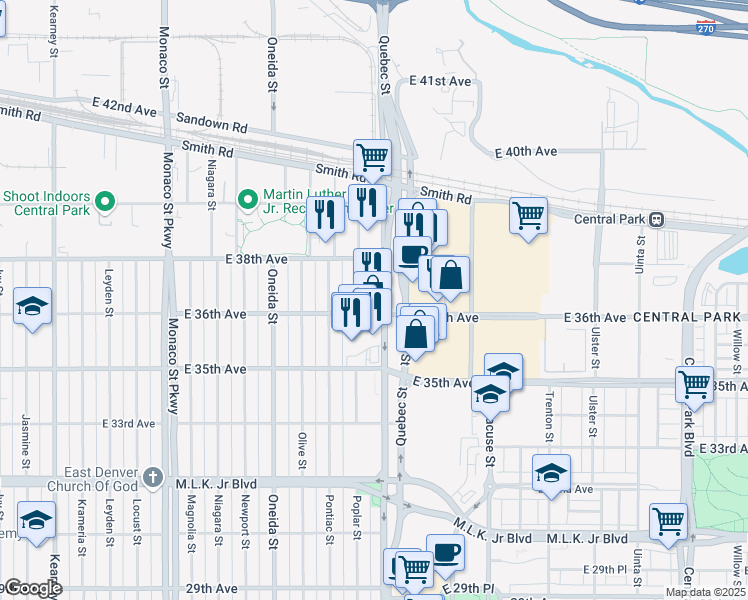 map of restaurants, bars, coffee shops, grocery stores, and more near 3601 Quebec Street in Denver