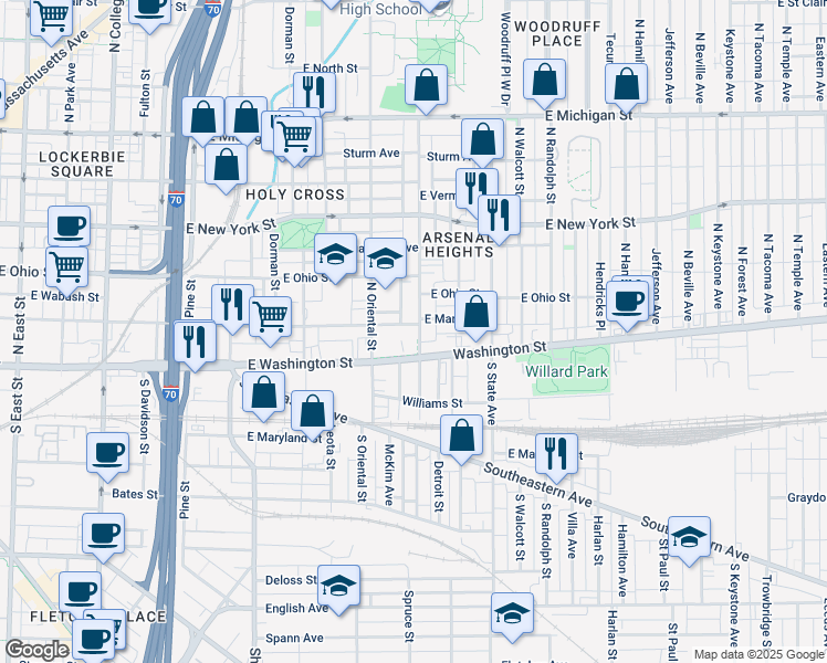 map of restaurants, bars, coffee shops, grocery stores, and more near 26 North Arsenal Avenue in Indianapolis