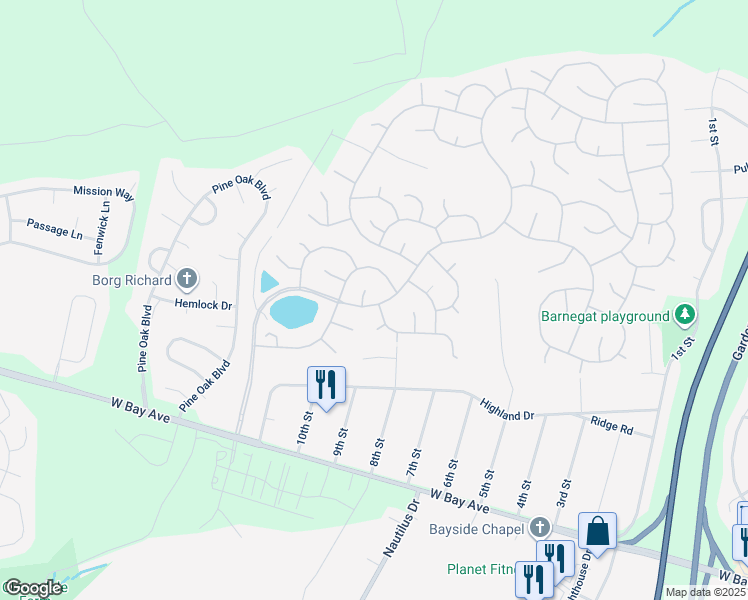 map of restaurants, bars, coffee shops, grocery stores, and more near 77 Mirage Boulevard in Barnegat Township