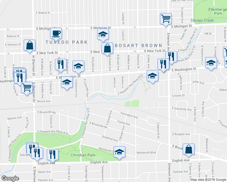 map of restaurants, bars, coffee shops, grocery stores, and more near 72 Jenny Lane in Indianapolis