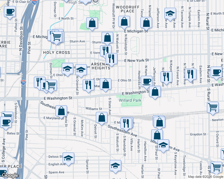 map of restaurants, bars, coffee shops, grocery stores, and more near 15 North State Avenue in Indianapolis