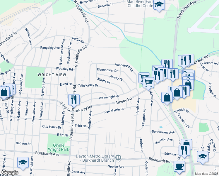 map of restaurants, bars, coffee shops, grocery stores, and more near 34 Colin Kelley Drive in Dayton