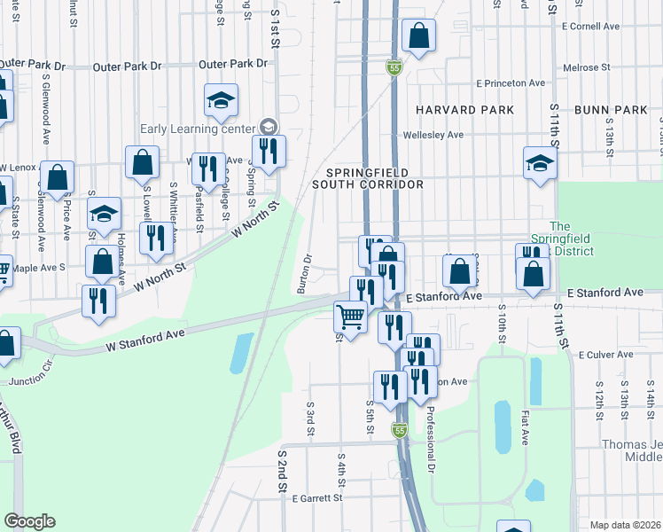 map of restaurants, bars, coffee shops, grocery stores, and more near 313 Farley Street in Springfield