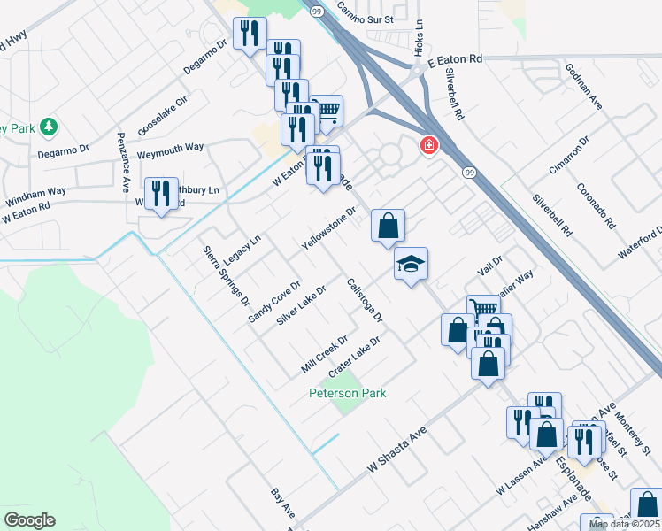 map of restaurants, bars, coffee shops, grocery stores, and more near 3219 Calistoga Drive in Chico