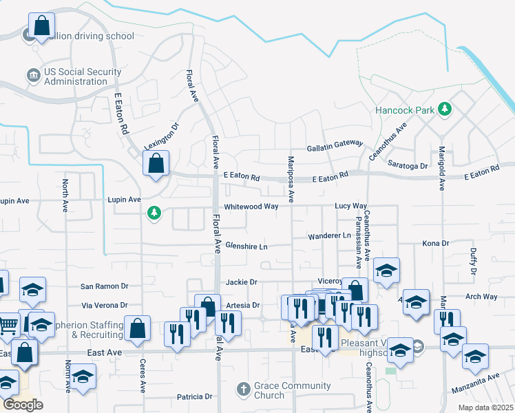 map of restaurants, bars, coffee shops, grocery stores, and more near 1251 Whitewood Way in Chico