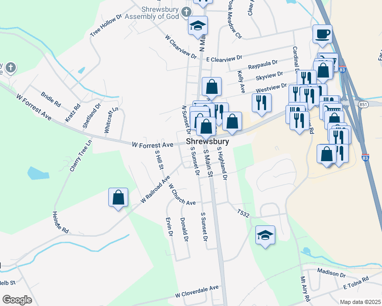 map of restaurants, bars, coffee shops, grocery stores, and more near 25 West Maple Avenue in Shrewsbury