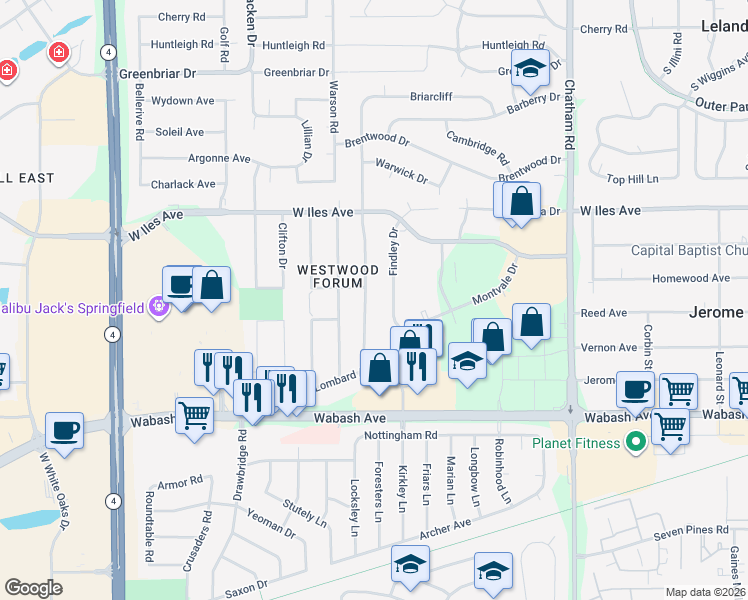 map of restaurants, bars, coffee shops, grocery stores, and more near 2808 Haverford Road in Springfield
