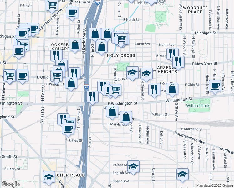 map of restaurants, bars, coffee shops, grocery stores, and more near 1117 East Market Street in Indianapolis