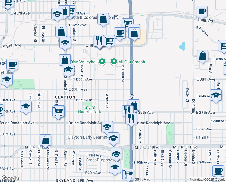 map of restaurants, bars, coffee shops, grocery stores, and more near 3657 Jackson Street in Denver