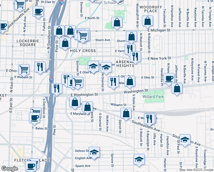 map of restaurants, bars, coffee shops, grocery stores, and more near 1411 East Market Street in Indianapolis