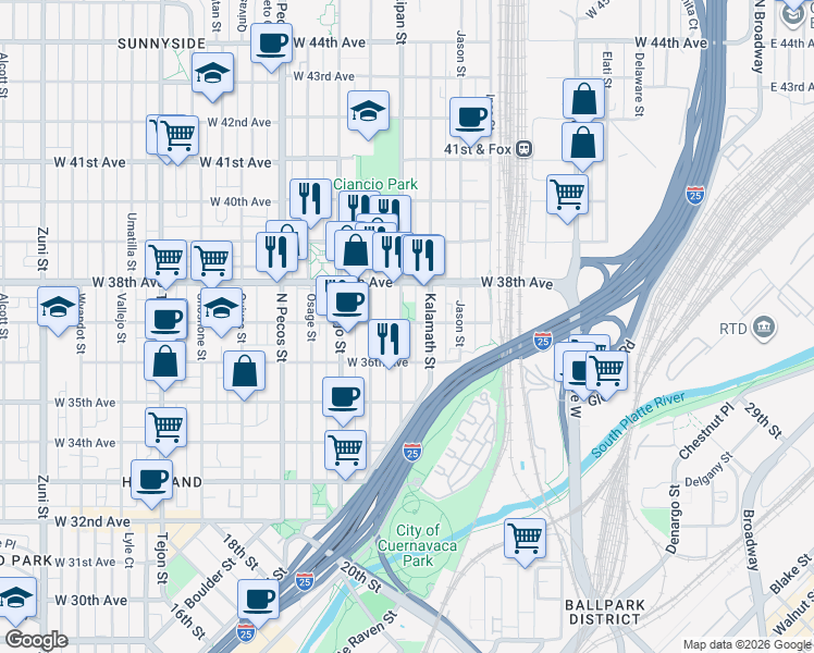 map of restaurants, bars, coffee shops, grocery stores, and more near 3658 Lipan Street in Denver