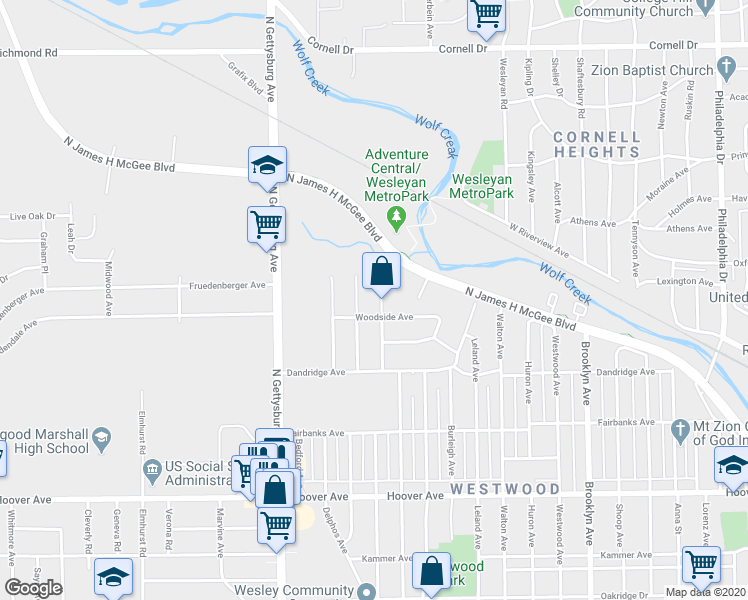 map of restaurants, bars, coffee shops, grocery stores, and more near 1117 Cicilion Avenue in Dayton