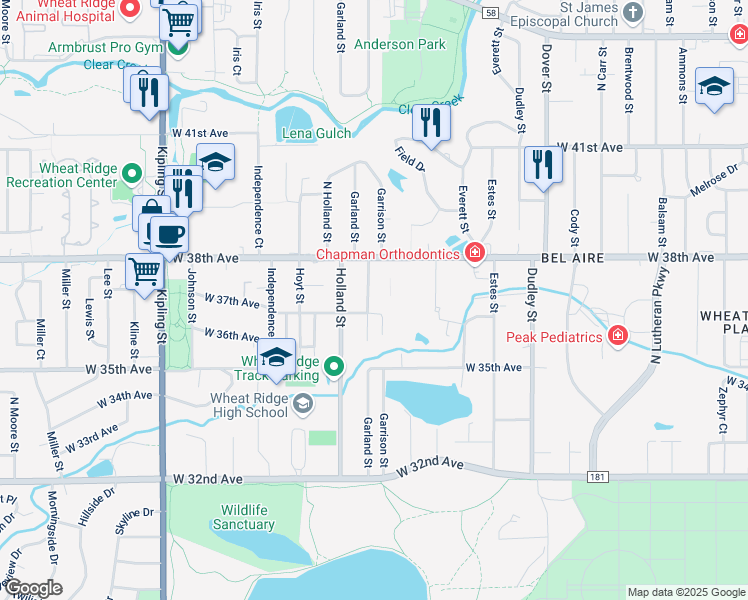 map of restaurants, bars, coffee shops, grocery stores, and more near 3720 Garland Street in Wheat Ridge