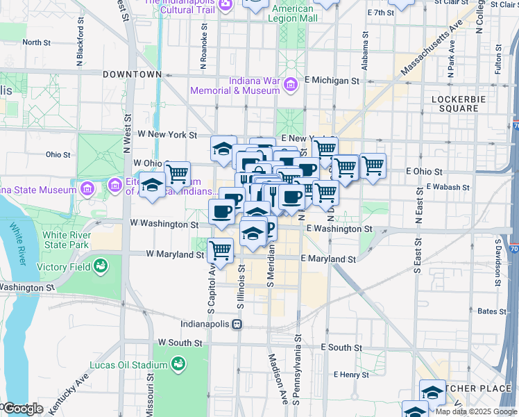 map of restaurants, bars, coffee shops, grocery stores, and more near 40 Monument Circle in Indianapolis