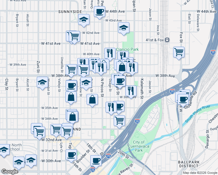 map of restaurants, bars, coffee shops, grocery stores, and more near 1623 West 37th Avenue in Denver