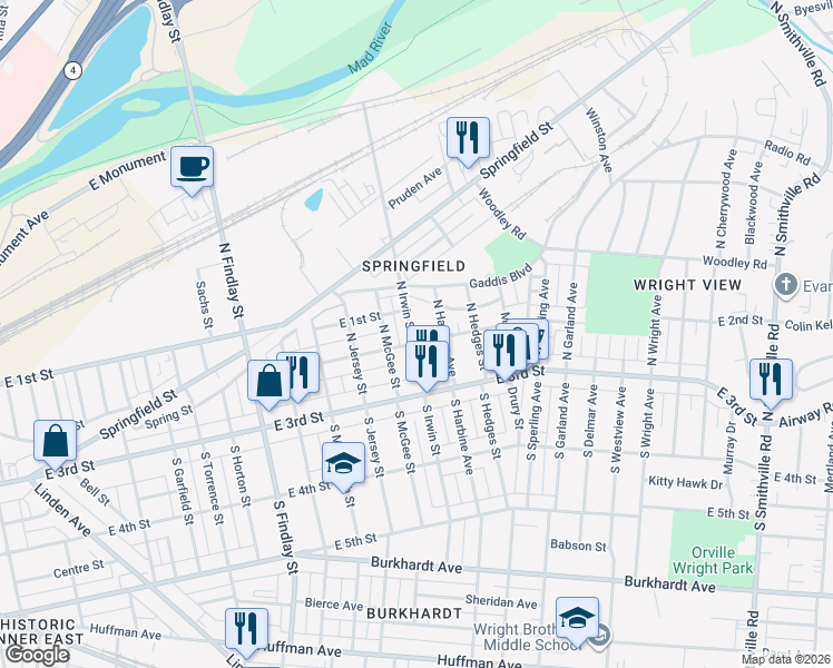 map of restaurants, bars, coffee shops, grocery stores, and more near 104 North Irwin Street in Dayton