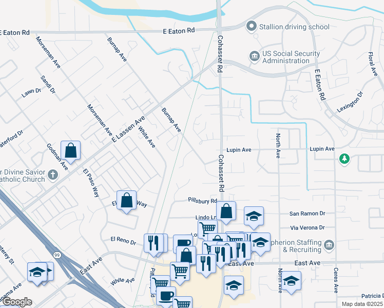 map of restaurants, bars, coffee shops, grocery stores, and more near 2611 Burnap Avenue in Chico