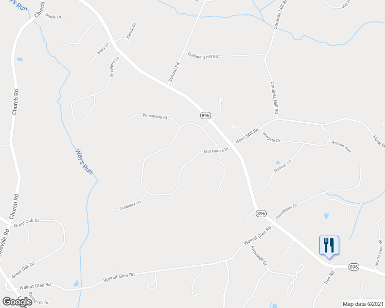 map of restaurants, bars, coffee shops, grocery stores, and more near 120 Mill House Drive in Lincoln University