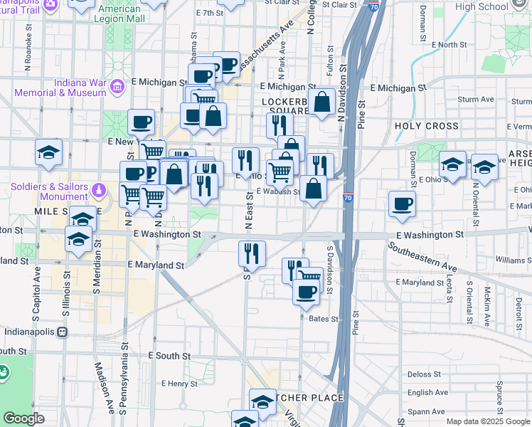 map of restaurants, bars, coffee shops, grocery stores, and more near 531w East Market Street in Indianapolis