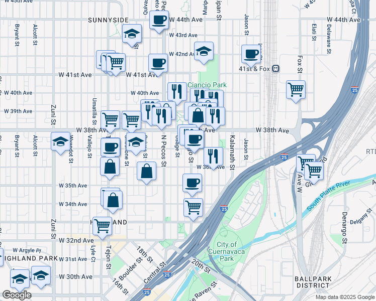 map of restaurants, bars, coffee shops, grocery stores, and more near 3659 Navajo Street in Denver