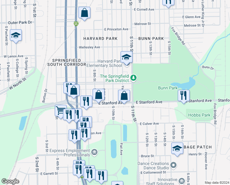 map of restaurants, bars, coffee shops, grocery stores, and more near 2630 South 10th Street in Springfield