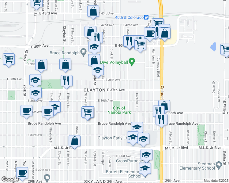 map of restaurants, bars, coffee shops, grocery stores, and more near 3650 Cook Street in Denver