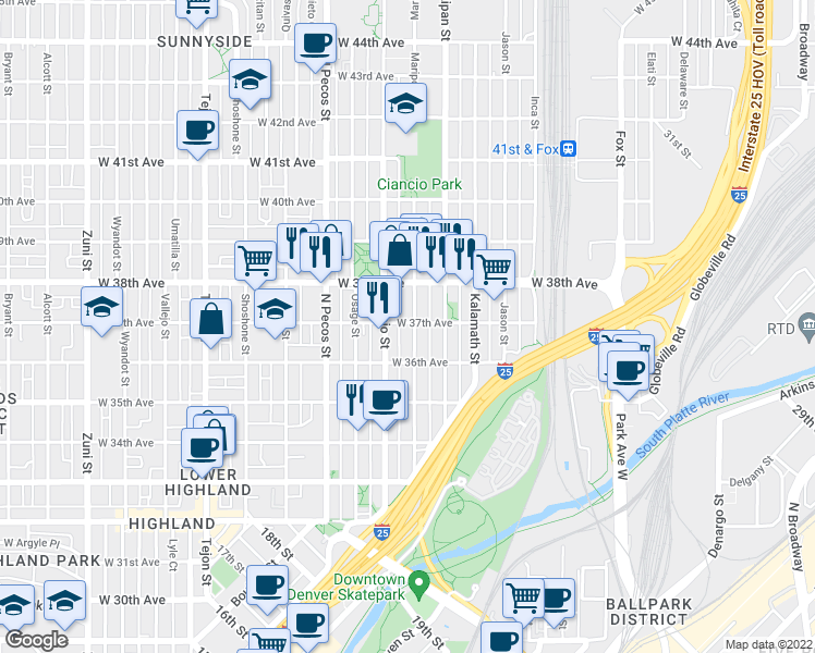 map of restaurants, bars, coffee shops, grocery stores, and more near 1400 West 37th Avenue in Denver