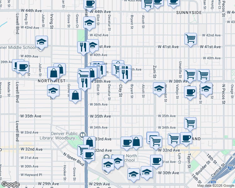 map of restaurants, bars, coffee shops, grocery stores, and more near 2714 West 37th Avenue in Denver