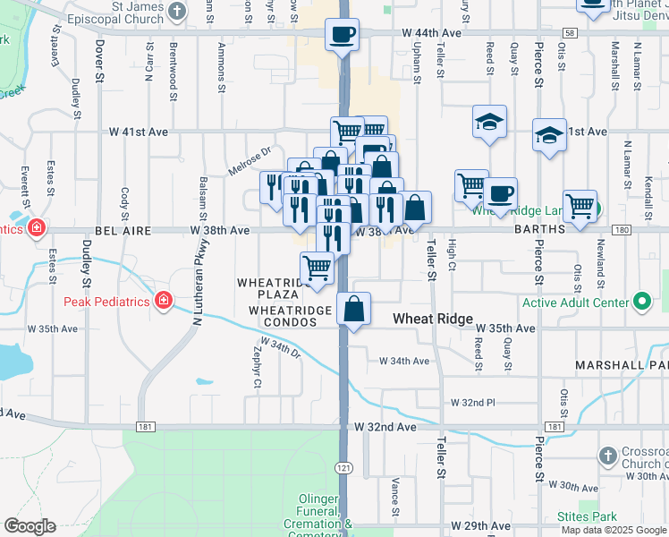 map of restaurants, bars, coffee shops, grocery stores, and more near 3609 Wadsworth Boulevard in Wheat Ridge