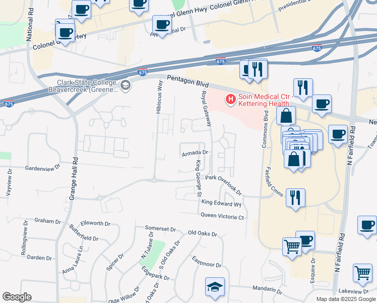 map of restaurants, bars, coffee shops, grocery stores, and more near 3600 Armada Drive in Beavercreek