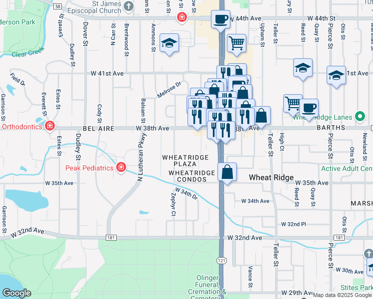 map of restaurants, bars, coffee shops, grocery stores, and more near 7770 West 38th Avenue in Wheat Ridge