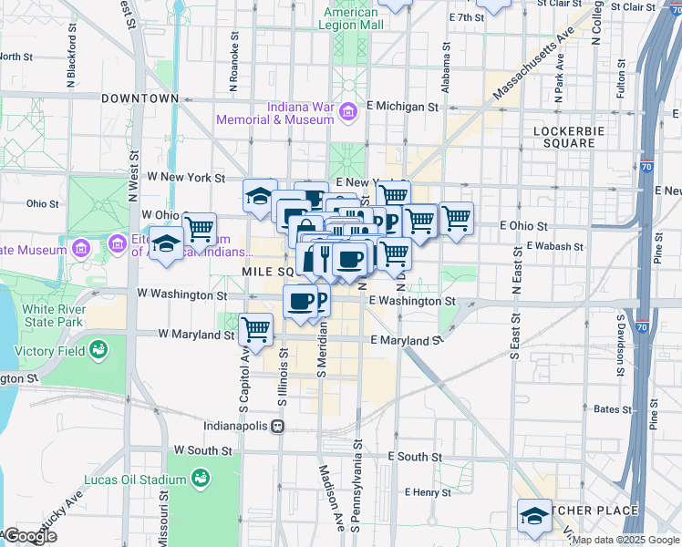 map of restaurants, bars, coffee shops, grocery stores, and more near 45 Monument Circle in Indianapolis