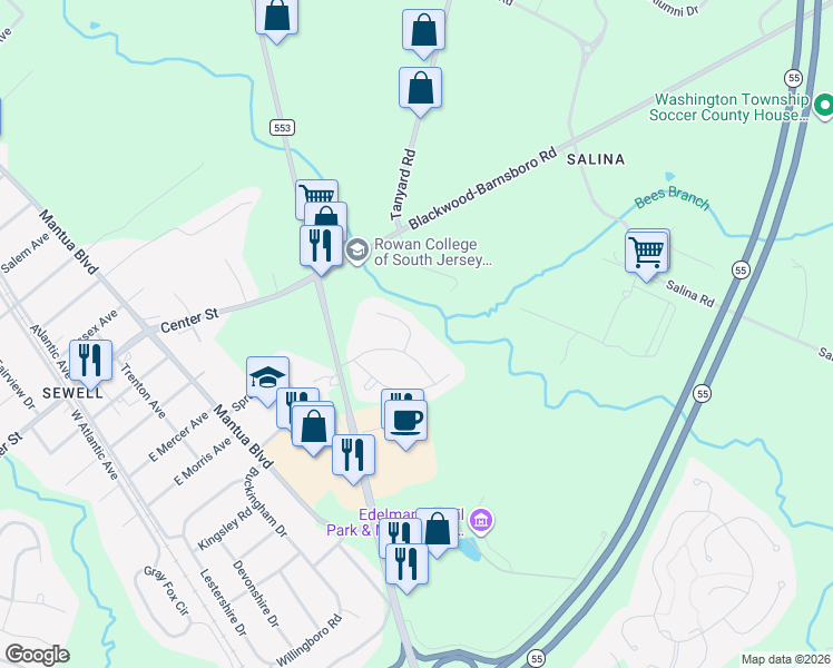 map of restaurants, bars, coffee shops, grocery stores, and more near 14 Meadow Court in Gloucester County