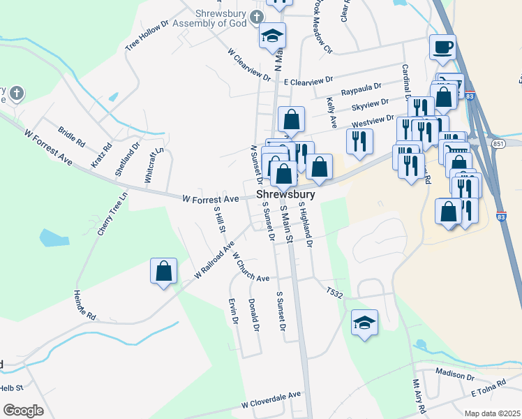 map of restaurants, bars, coffee shops, grocery stores, and more near 25 West Maple Avenue in Shrewsbury