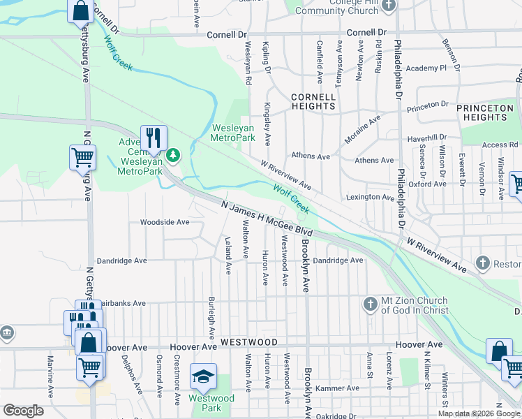 map of restaurants, bars, coffee shops, grocery stores, and more near 1712 North James H McGee Boulevard in Dayton
