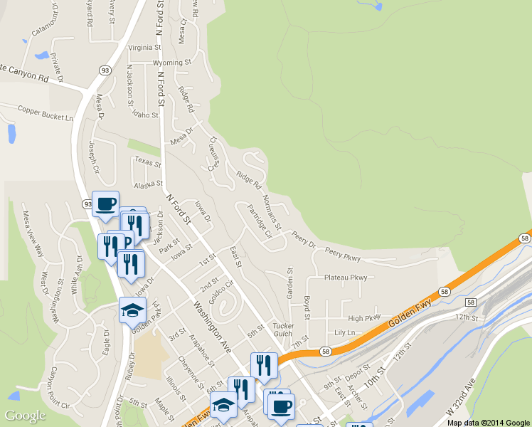 map of restaurants, bars, coffee shops, grocery stores, and more near 231 Normans Street in Golden