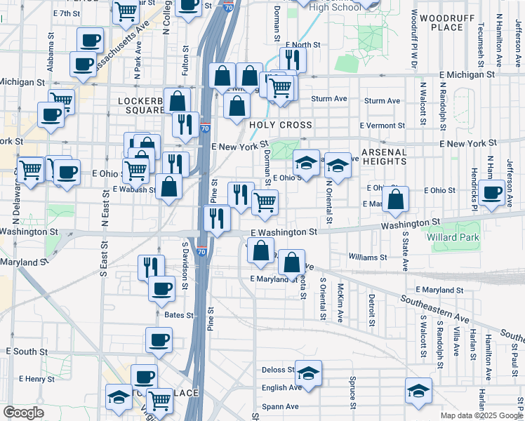 map of restaurants, bars, coffee shops, grocery stores, and more near 1117 East Market Street in Indianapolis