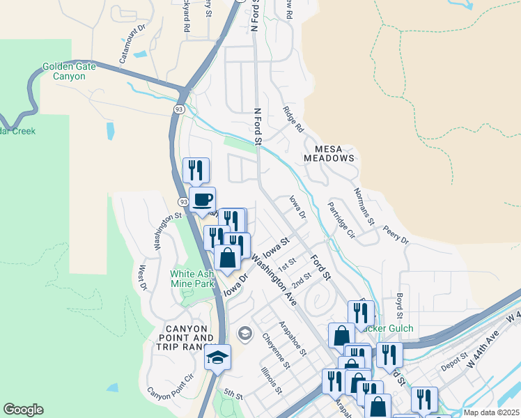 map of restaurants, bars, coffee shops, grocery stores, and more near 401 North Columbine Street in Golden