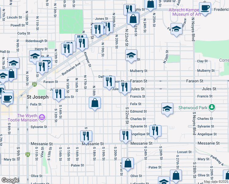 map of restaurants, bars, coffee shops, grocery stores, and more near 215 North 20th Street in Saint Joseph