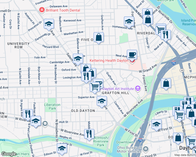 map of restaurants, bars, coffee shops, grocery stores, and more near 327 Central Ave in Dayton