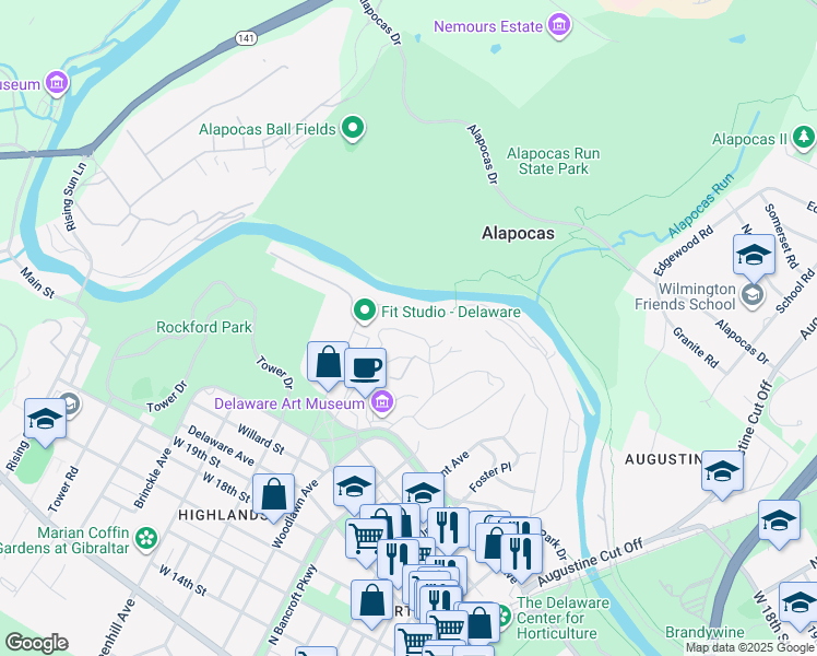map of restaurants, bars, coffee shops, grocery stores, and more near 42 Hill Road in Wilmington