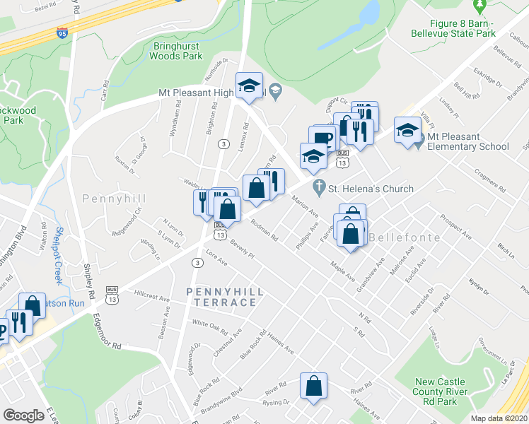 map of restaurants, bars, coffee shops, grocery stores, and more near 508 Philadelphia Pike in Wilmington
