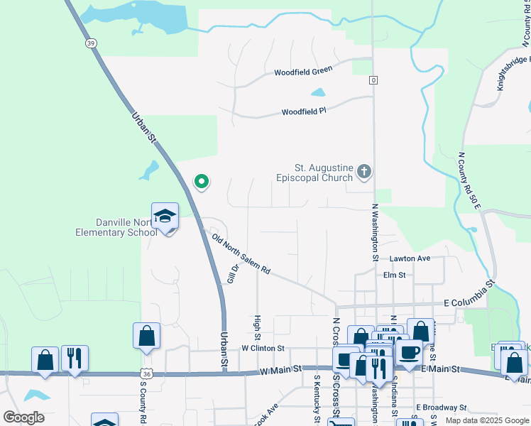 map of restaurants, bars, coffee shops, grocery stores, and more near 659 Peach Tree Ln in Danville