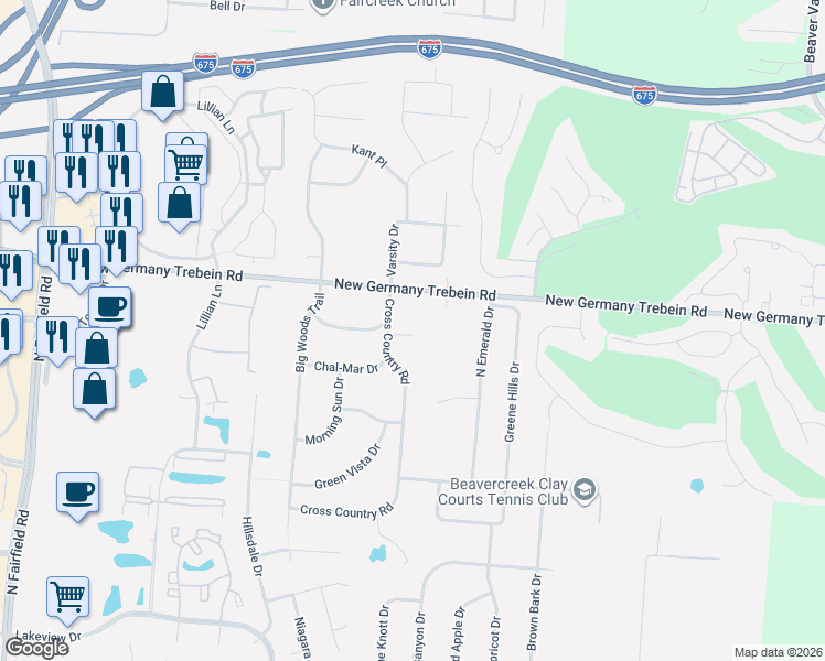 map of restaurants, bars, coffee shops, grocery stores, and more near 2866 Cove Court in Beavercreek