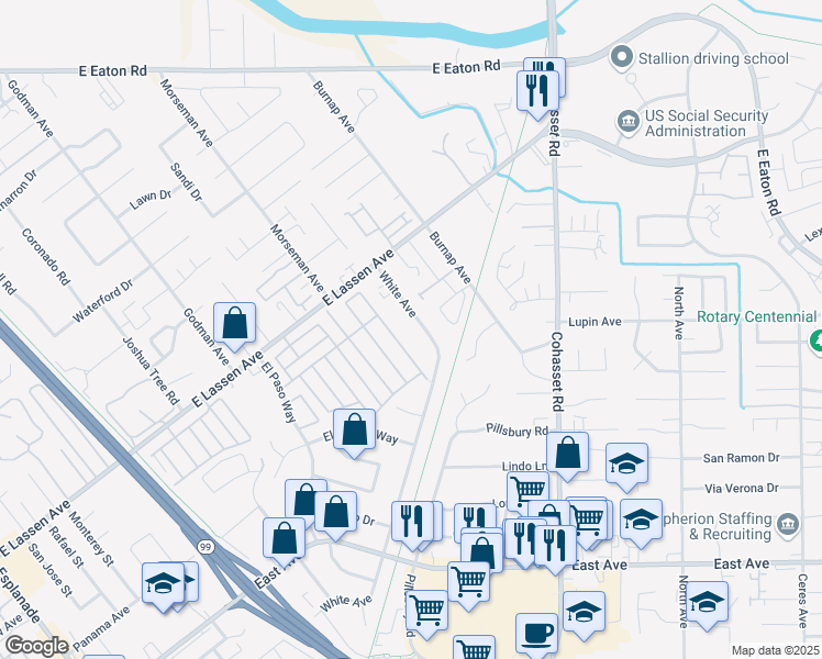 map of restaurants, bars, coffee shops, grocery stores, and more near 2707 White Avenue in Chico