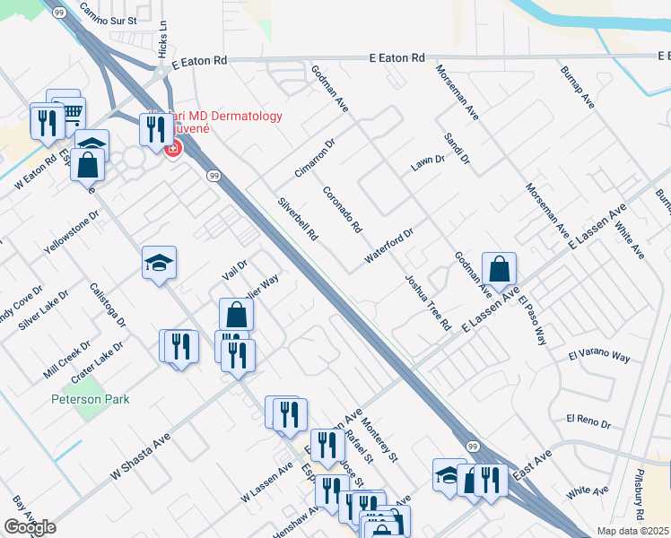 map of restaurants, bars, coffee shops, grocery stores, and more near 3025 Silverbell Road in Chico