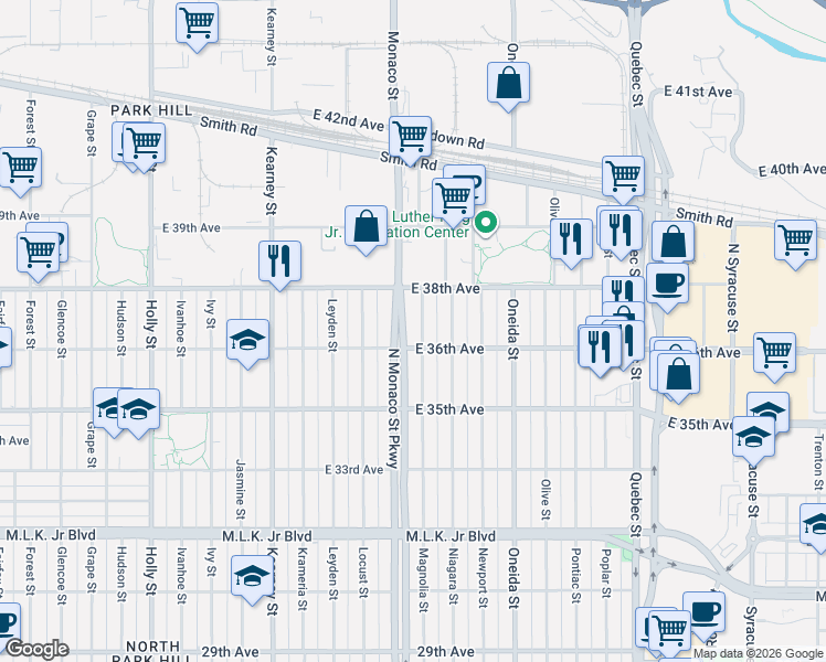 map of restaurants, bars, coffee shops, grocery stores, and more near 3630 Magnolia Street in Denver